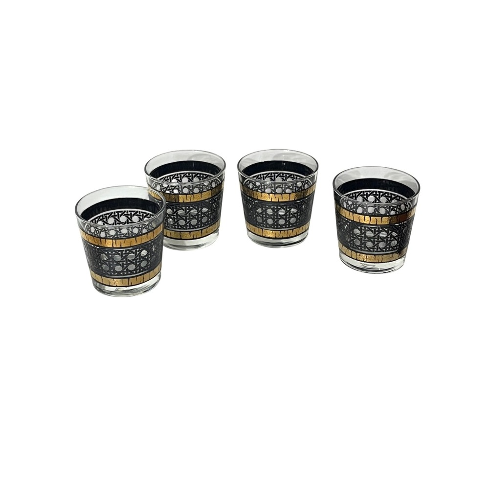Libbey Glasses Vintage Black 22K Gold Basket Weave MCM Rocks Barware Set of 4